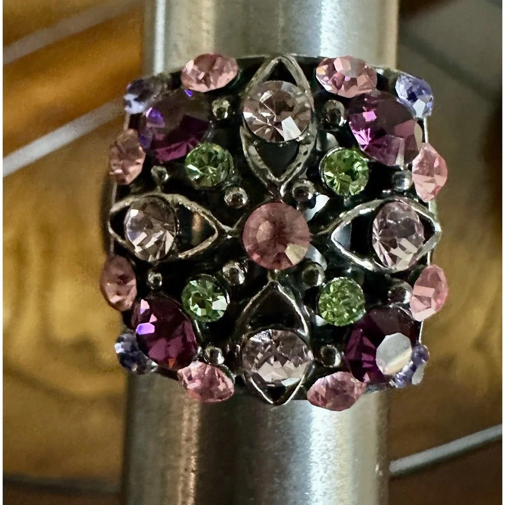 Vintage Cocktail Ring Size 8 Floral Multicolor Rhinestones Charcoal Gunmetal‎